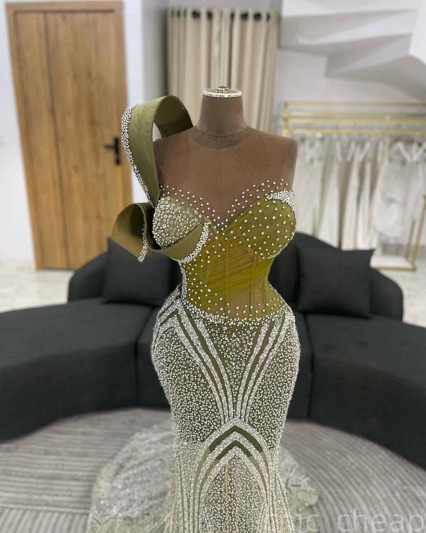 Mermaid Olive Green Prom Dresses 2025 Beaded Crystals Sheer Neck Evening Formal Party Second Birthday Engagement Gowns Plus Size Dress For Special Occ