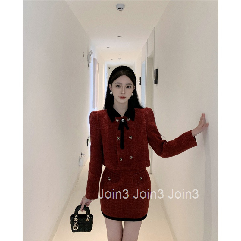 Autumn Winter New French Style Elegant Lapel Long Sleeve Short Coat Top + Half Skirt Two-Piece Set