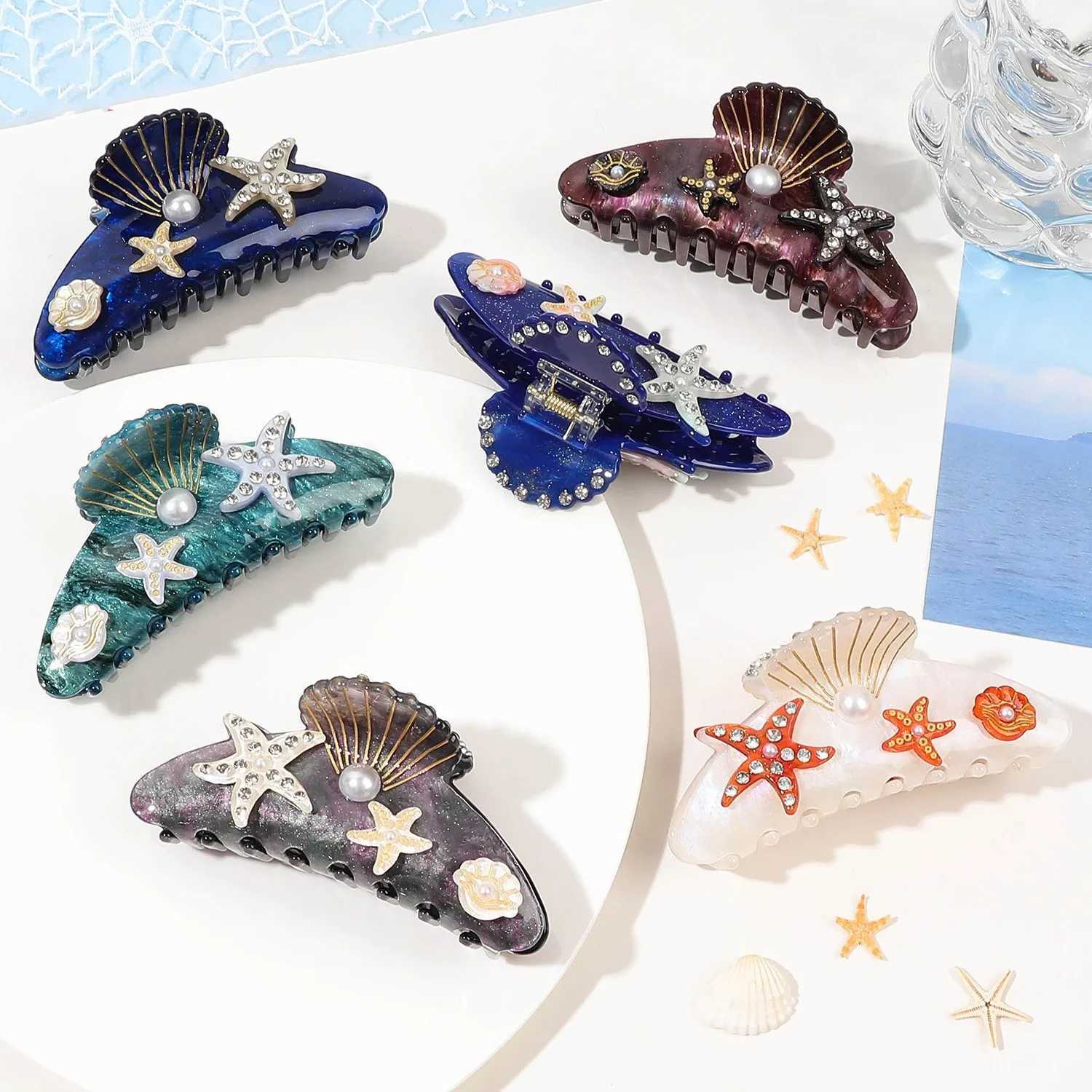 1 Starfish Hair Claw for Women Rhinestone Acetate Claw Clip Vacation Jewelry Hair Clip Trendy Claw Clips Hair Accessories Z250729