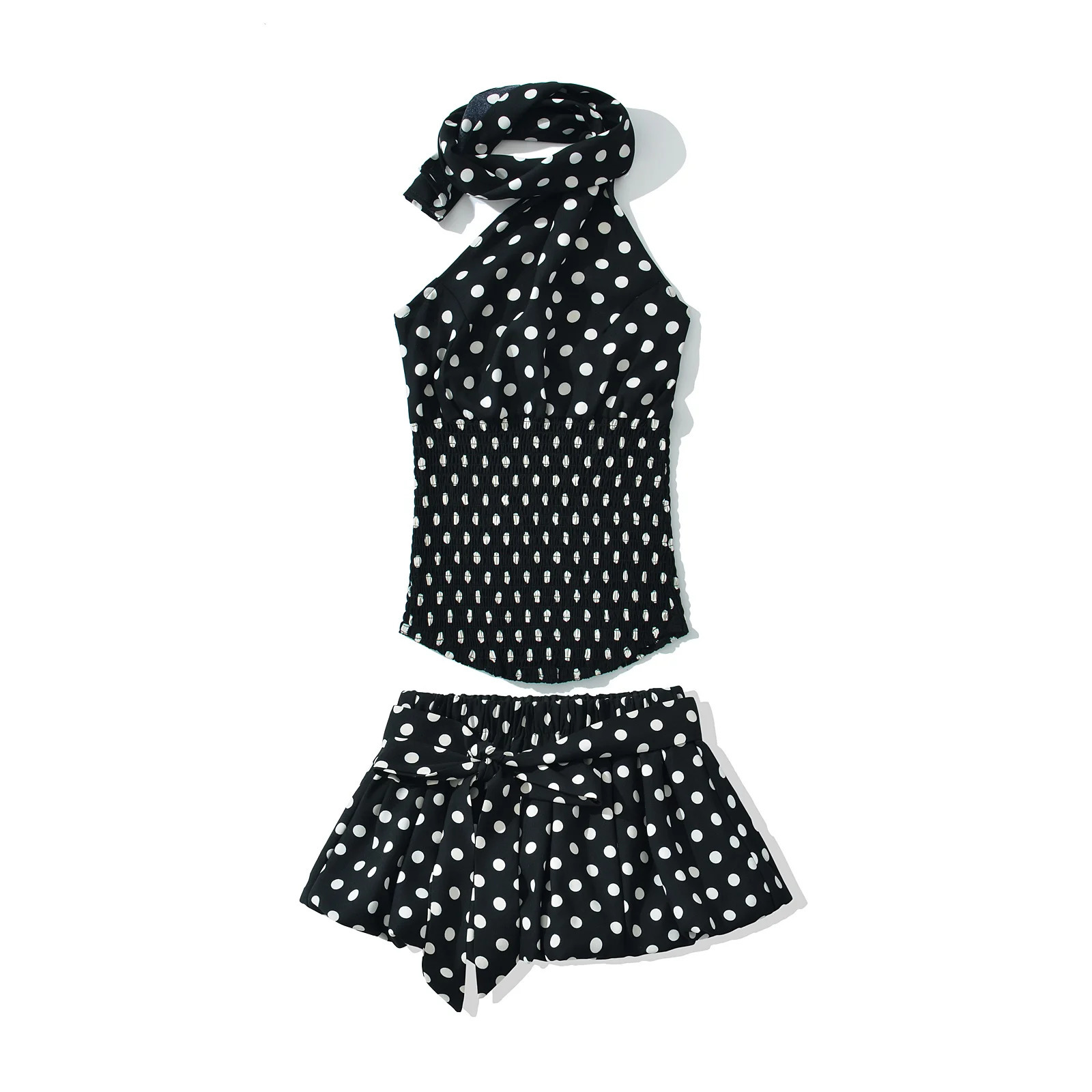 Sexy Black White Polka Dot Halter Tank Top Tie Bow Sashes Elastic Waist Ruched Ball Gown BUD Mini Skirt 2 Pieces 1 Set 250729
