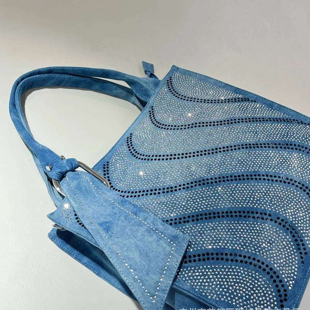 New Vintage Denim Jeans for Women Handbags Zipper Shine Rivets S Rhinestone Purse Woman Totes Female Shoulder Bag