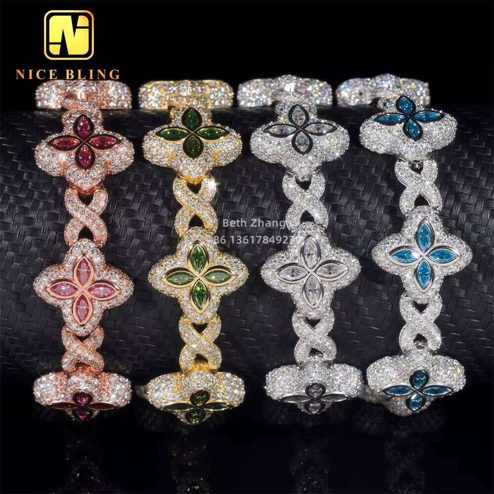 New Arrival Colorful Natural Gemstones Link Fashion Hip Hop Jewelry Sier Marquise Moissanite Cuban Bracelet