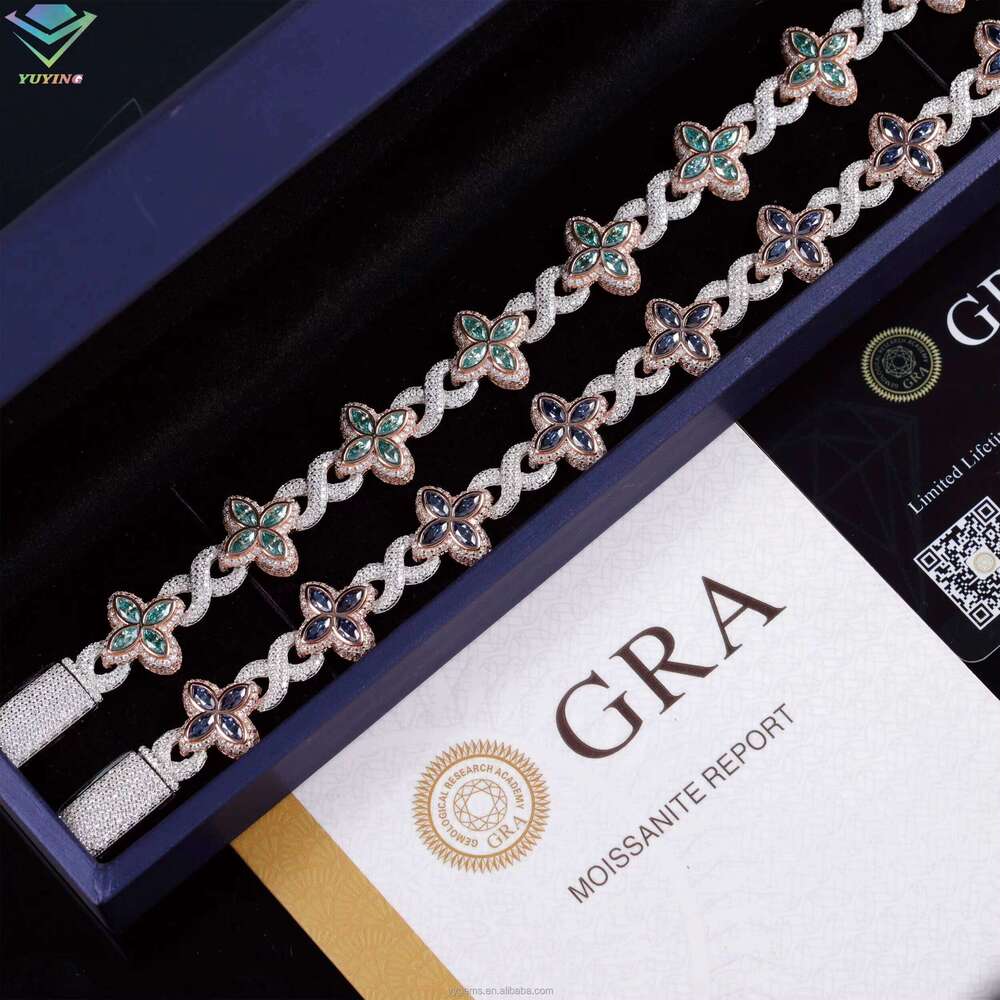 Fashion Hip Hop Jewelry 12mm Rose Gold Sterling Sier Colored Moissanite Dia Four Leaf Clover Infinity Link Bracelet