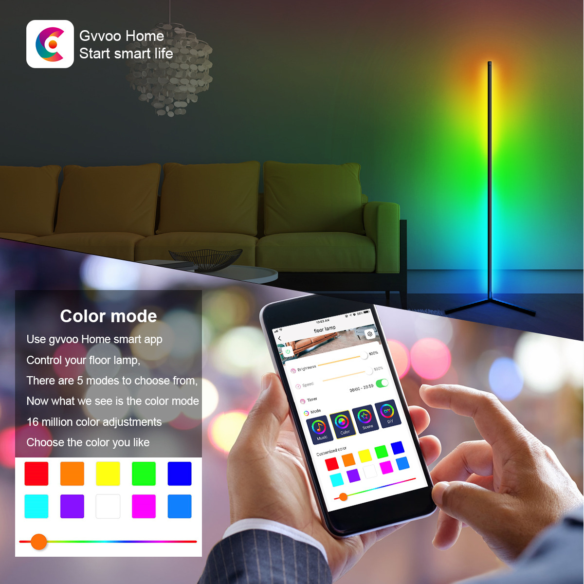 Intelligent control LED Floor Lamp with Colorful Lighting for Living Room & Gaming Rooms Can connect Bluetooth/WiFi-55 HCP025