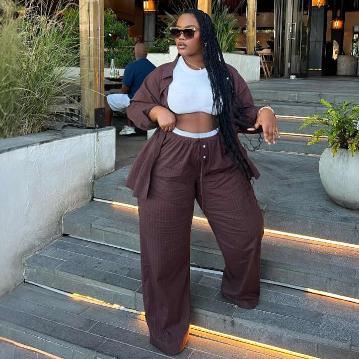 Plus Size Casual High Waist Striped Long Sleeve Cardigan Shirt And Pants Stylish Loose Two-Piece Set For Women B5