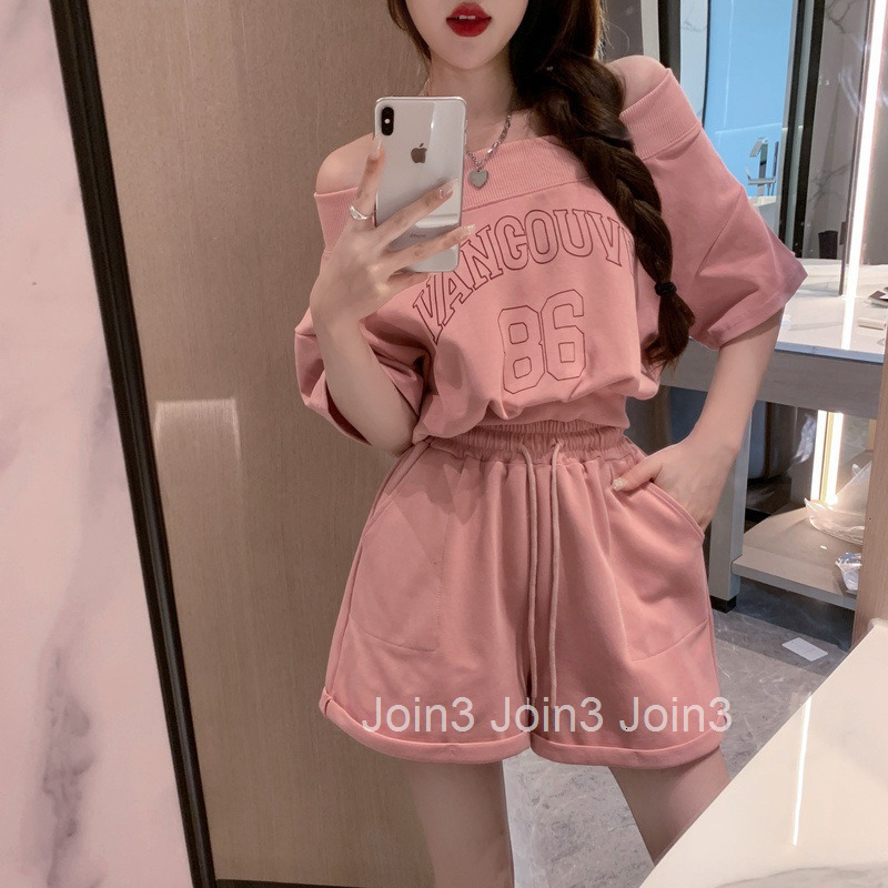 Summer New Fashion Casual Sports Mid-Sleeve Sweatshirt T-Shirt + Elastic Waist Wide-Leg Shorts Set for Women