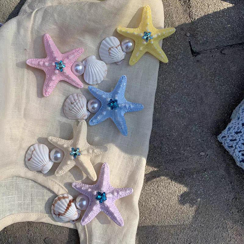 Inlaid Dia Star Pearl Shell Starfish Beach Vacation Style Duckbill Bangs Side Clip Hair Accessory for Women