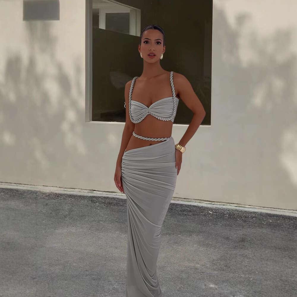 Beach Vacation Style Swimsuit for Women 2025 Spring New Sexy Backless Halter Strap Bodycon Skirt Two-Piece Set