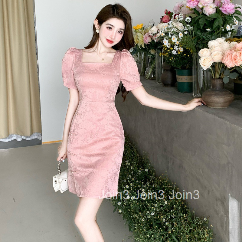 Summer New Womens Socialite Square Neck Waist-Cinching Slimming Elegant Bodycon Short Dress Short Sleeve Sexy Dress