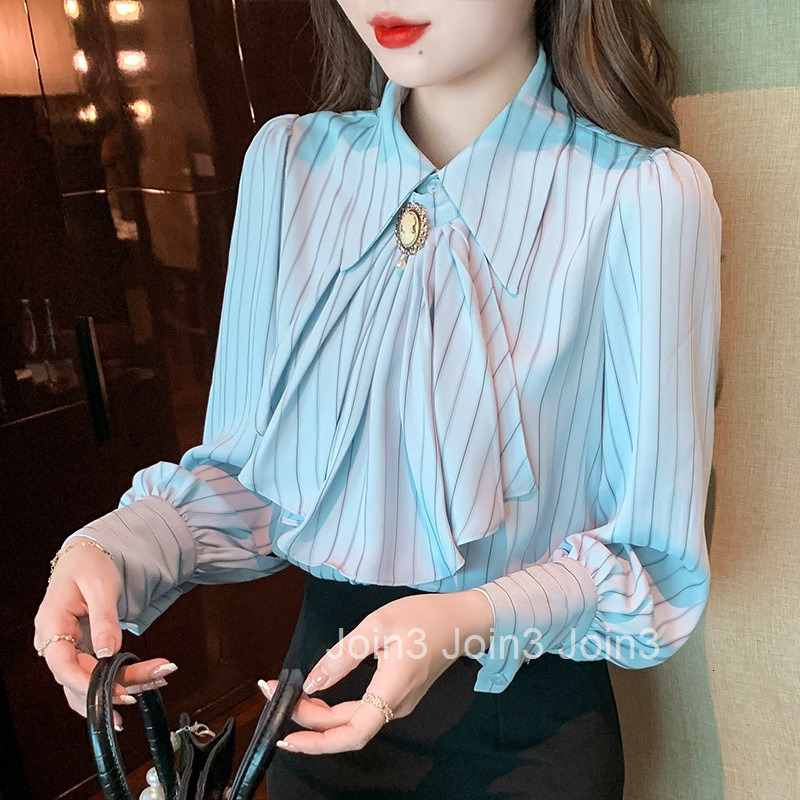 Spring and Autumn New Style Socialite Plus Size Womens Professional Internet Celebrity Youthful Striped Long Sleeve Shirt Womens Blouse Top