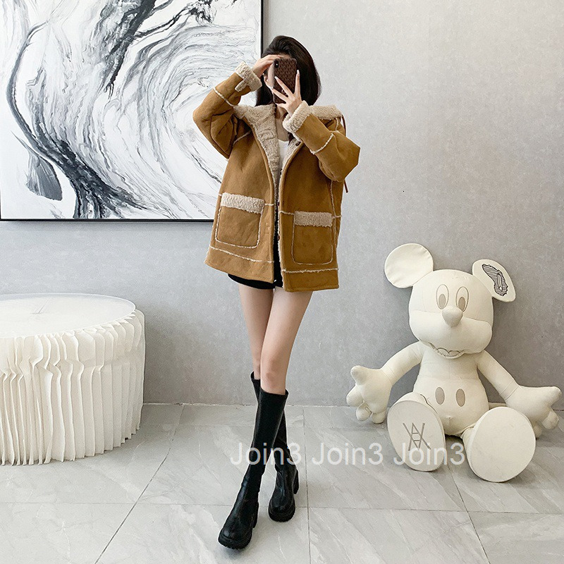 Winter New Suede Cotton Coat Womens Thickened Hooded Fur One Piece Coat Medium Long Womens