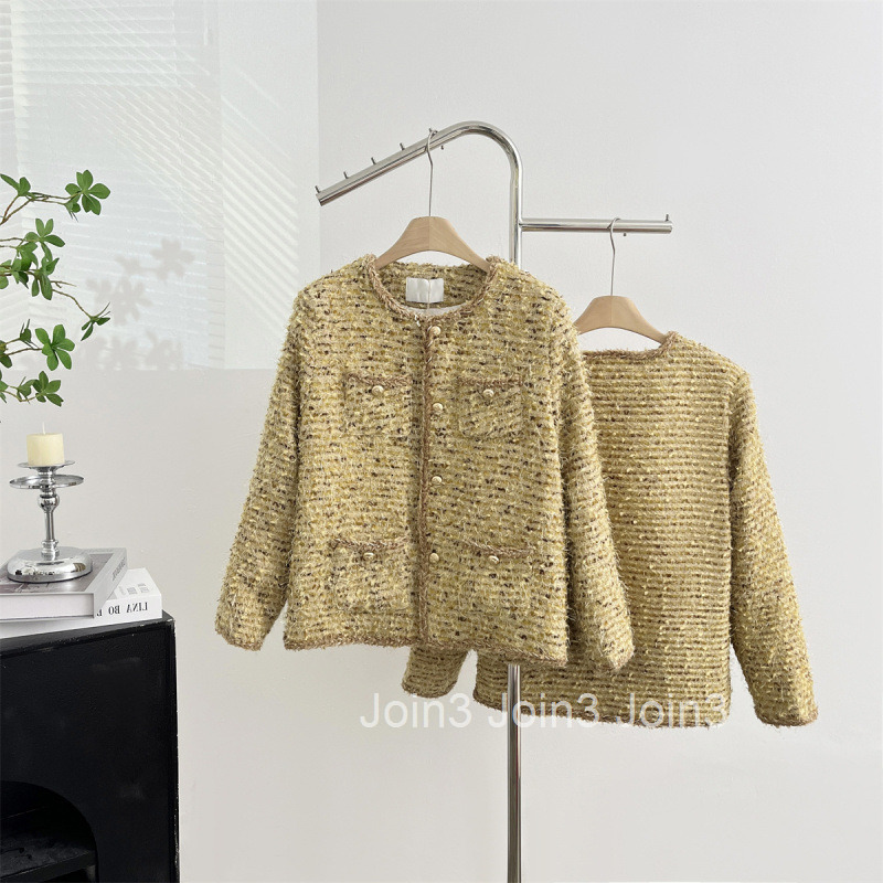 Winter New Thick Floral Wool Tweed Small Fragrance Style Down Jacket for Women with Design Sense Round Neck Long Sleeve Mid-Length Coat for Women