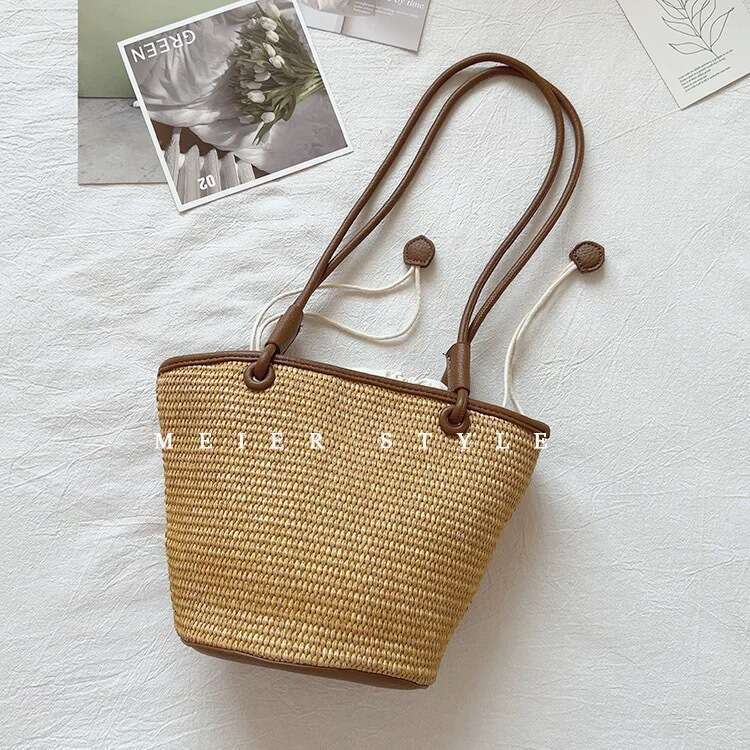 Korean Style INS Straw 2025 New Patchwork Woven Basket Beach Versatile Textured Shoulder Bag