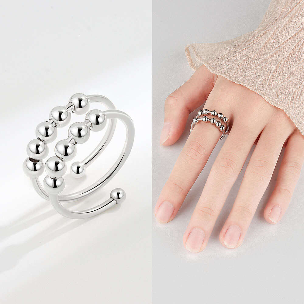 Hot Selling Creative Personality Open Stainless Steel Double Layer Rotating Round Bead Anxiety Relief Ring