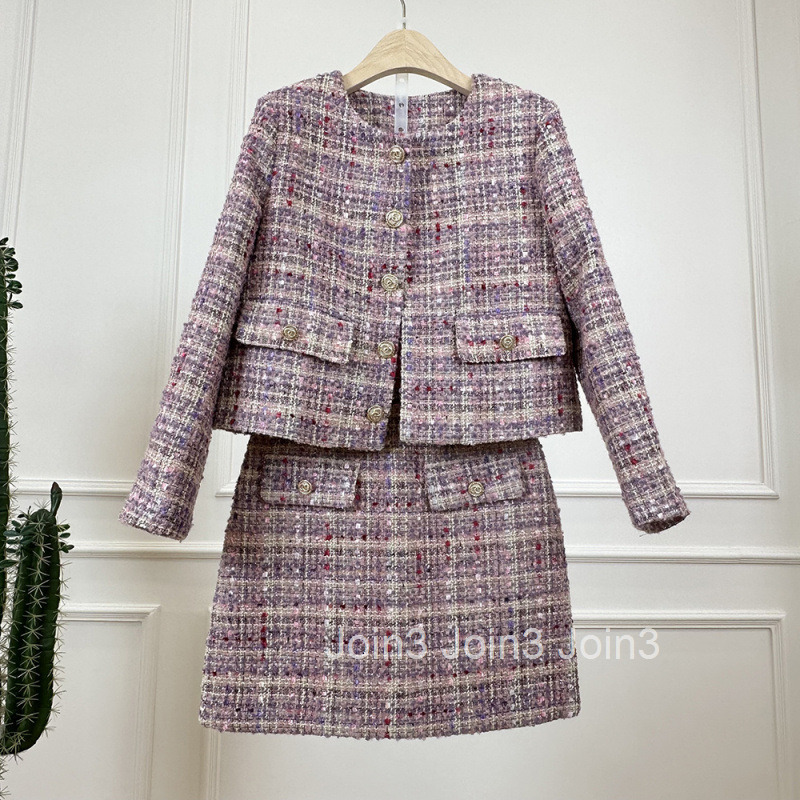 Autumn Winter French Style Elegant Short Skirt Set for Women Gentle Niche Round Neck Long Sleeve Jacket Top Half Skirt Set