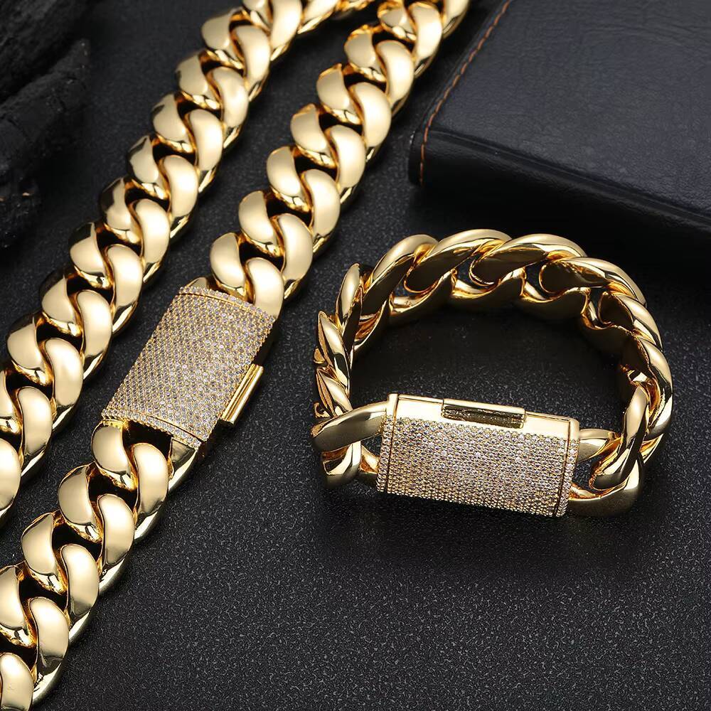 NUOYA Heavy Miami Cuban Chain 18K Gold Plated Brass Necklace Diamond Cut Clasp Hip Hop Jewelry