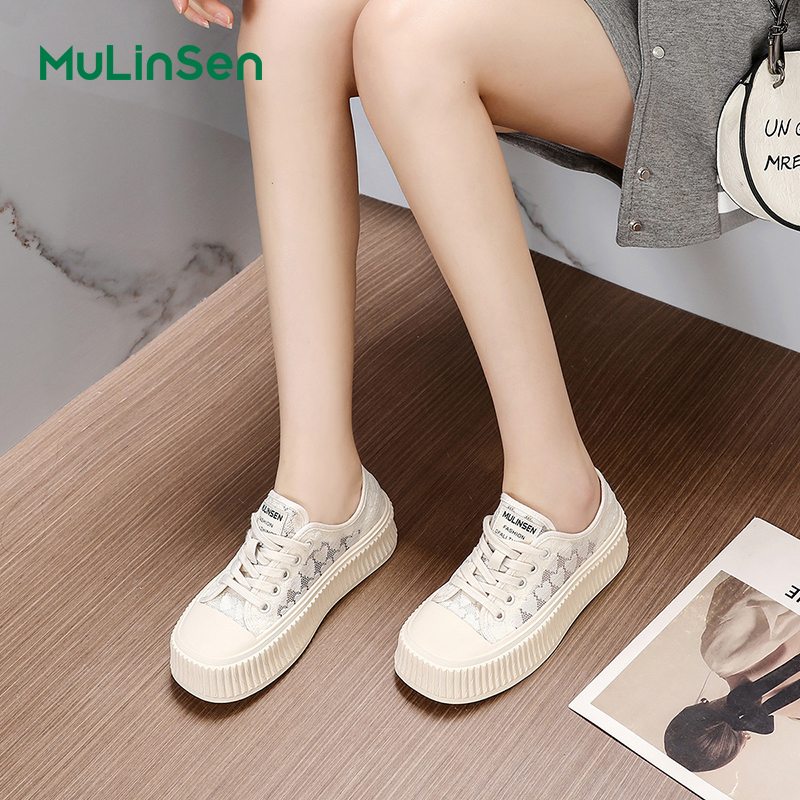Mulinsen canvas shoes women's 2025 new white biscuit shoes summer breathable thin casual sports thick-soled shoes