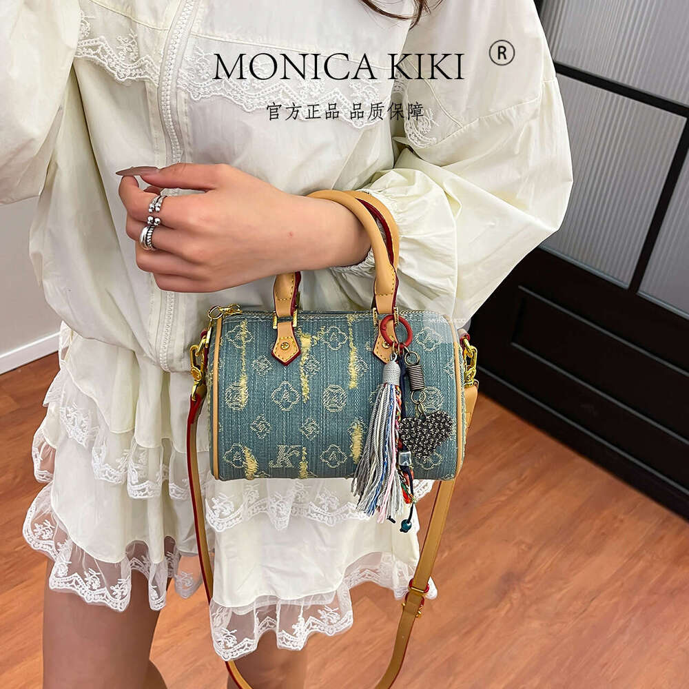 Monica Qiqi Canvas Denim Vintage Bowling Handheld Niche Boston Pillow Bag for Women