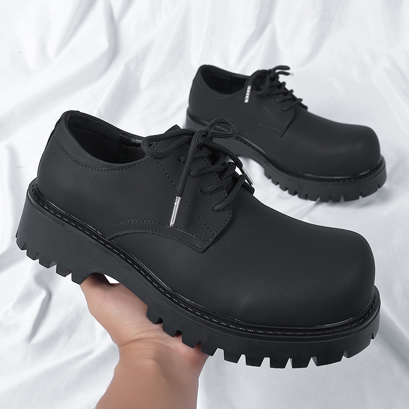 Derby Men's Black Matte Large Leather 2023 New Autumn Winter Thick Sole Trendy Shoes 1026