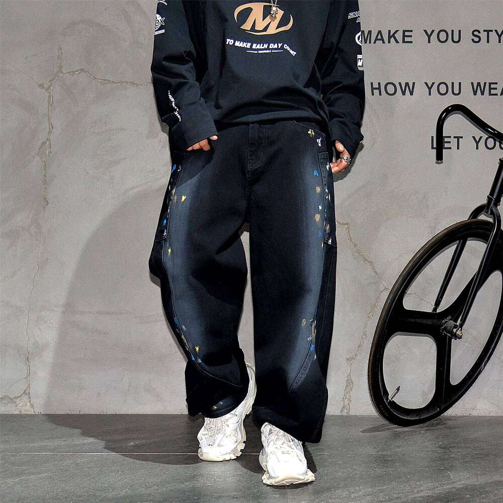 American Streetwear Hand-Painted Splash Skateboard Baggy Jeans Mens Clothing Hip Hop Denim Pants Haruku Trend Trousers Male 250726