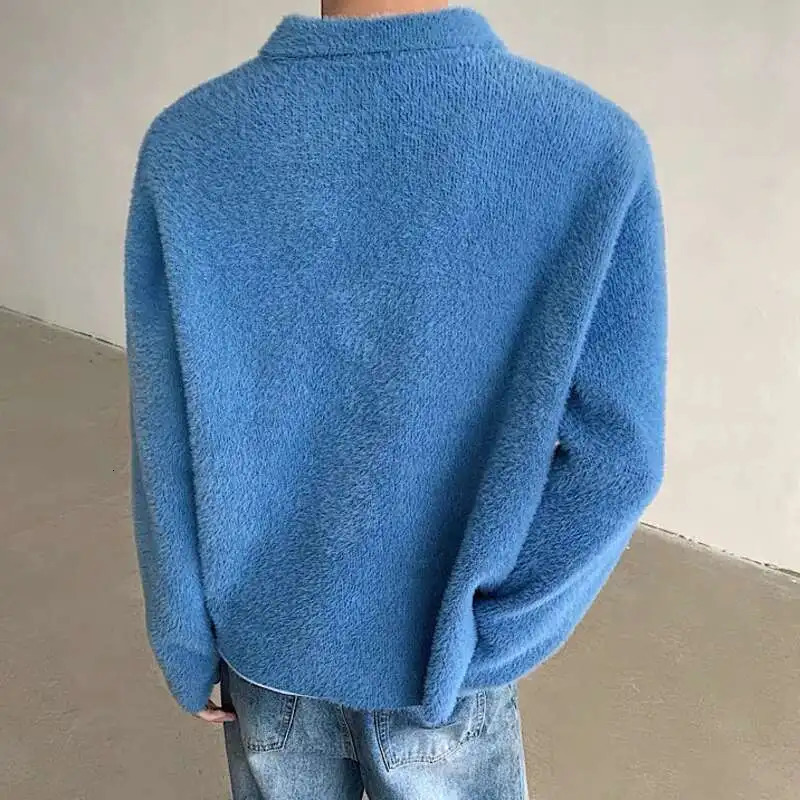 IEFB Korean Style Mens Knitting Tops Turndown Collar Button n Mohair Solid Color Sweater Loose Male Pullover Knits 9C8625 250729