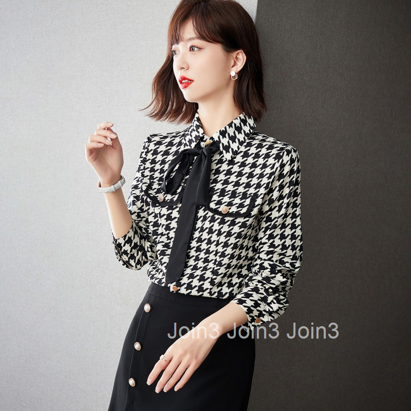 Spring and Autumn New Large Size Womens Houndstooth Fashionable Stylish Plaid Base Bowknot Shirt Blouse for Women