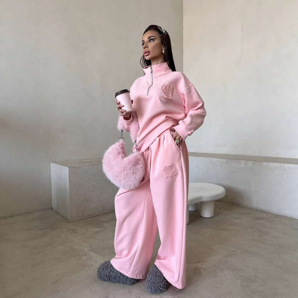 2025 Summer New Heavy Embroidery Half-Zip Long Sleeve Top Wide-Leg Pants Slimming Two-Piece Set for Women