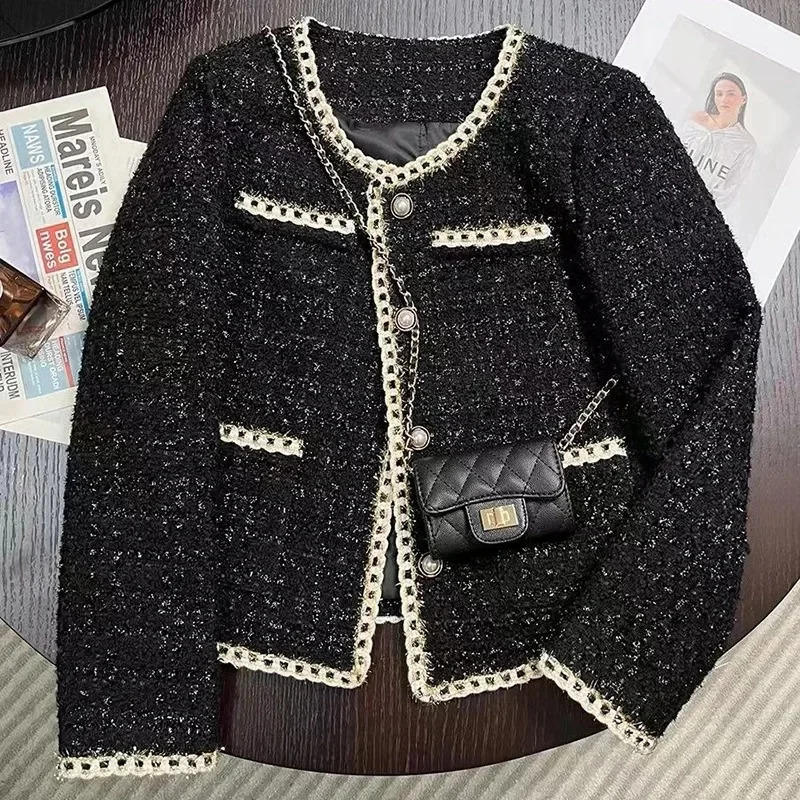 Black Short Jacket Women Temperament Elegant Tweed Jackets for Autumn and Winter Korean Office Lady Cropped Outerwear 250729