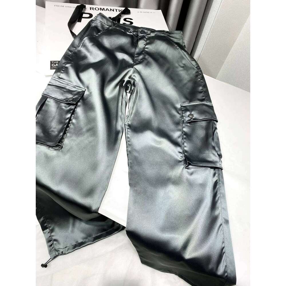 Silk Pink Drawstring Satin Baggy Cargo Pants Women Summer Solid Black Beige Gray Wide Leg Trousers Streetwear Vintage Bottoms