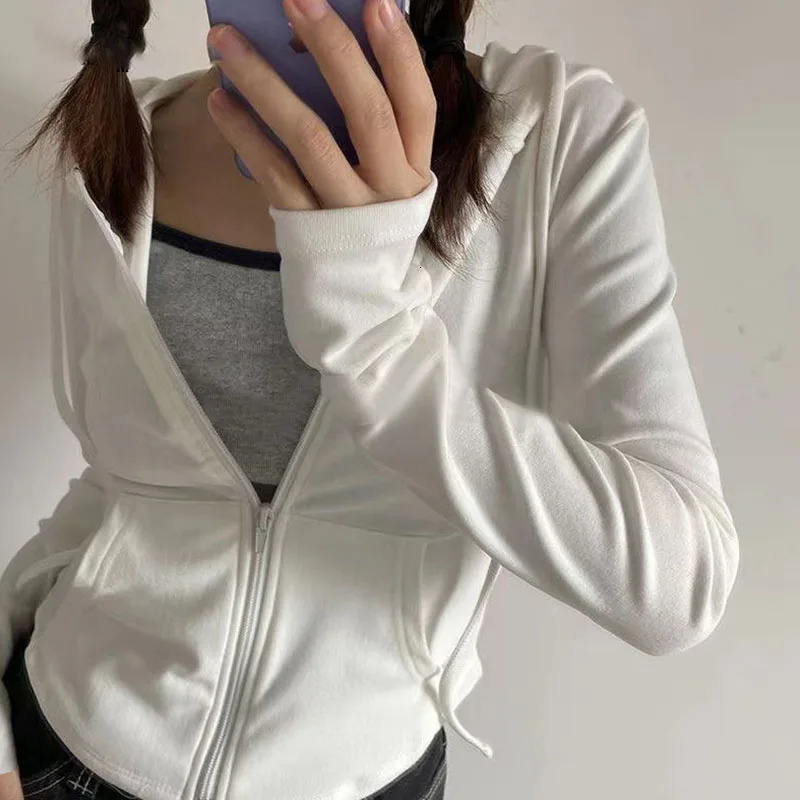 Women Cropped Zip Up Hoodie Y2K Slim Fit Long Sleeve Jacket Solid Color Zipper Streetwear Sports Hooded Womens Sweatshirt 250729