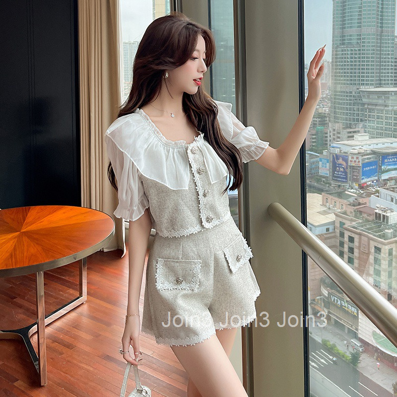 25 Summer New Trendy Street Style Short Set for Women Black and White Color Block Short Sleeve Top + Shorts Two Pieces
