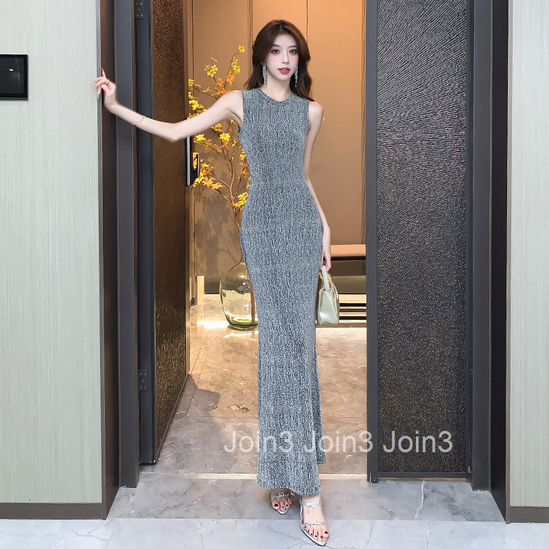 25 Summer New Elegant Socialite Style Shiny Silk Round Neck Slim Fit Tank Top Bodycon Long Dress Sleeveless Dress