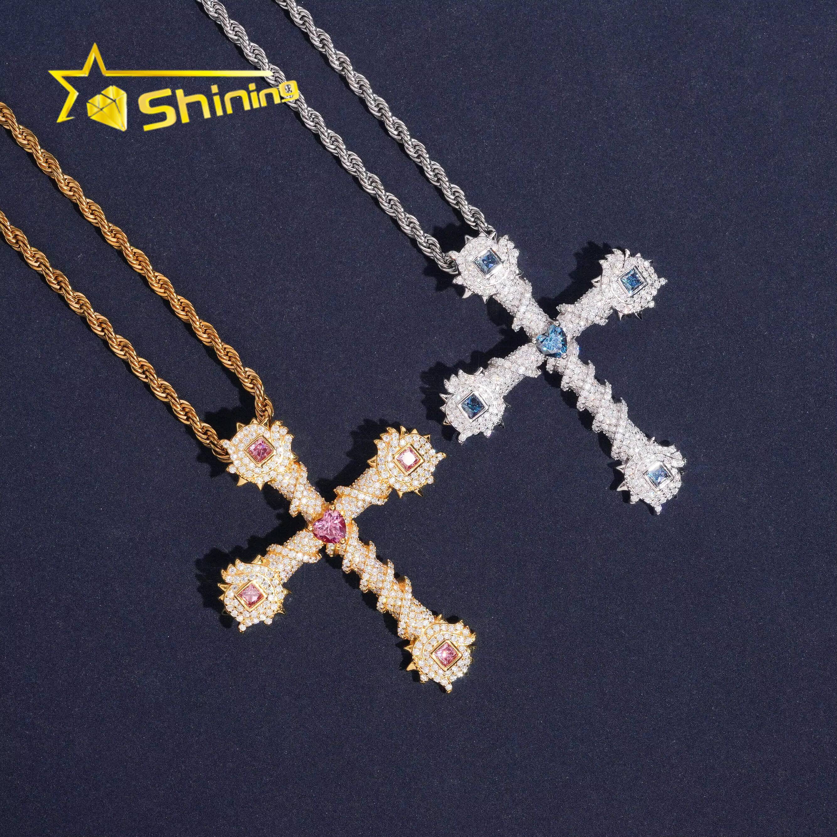Wholesale Price Fast Shipping Iced Out Cross Pendant 925 Sterling Silver Gold Plated Colorful Moissanite Charms Pendant