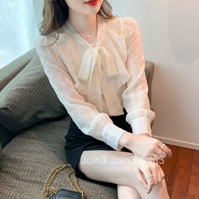 Spring and Autumn New Fashionable Sleeve Bow Collar Apricot Chiffon Blouse Womens Professional Shirt Womens Blouse
