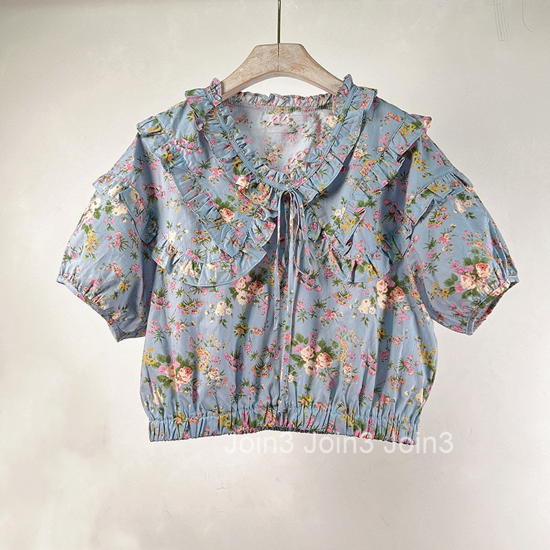 Summer New Fashionable Elegant Doll Shirt for Women Short Ruffled Patchwork Waist Shirt Floral Top Internet Celebrity
