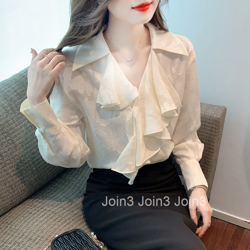 Spring and Autumn French Style Plus Size Womens Fashion Design Ruffled Blouse Chiffon Shirt Womens Blouse Shirt