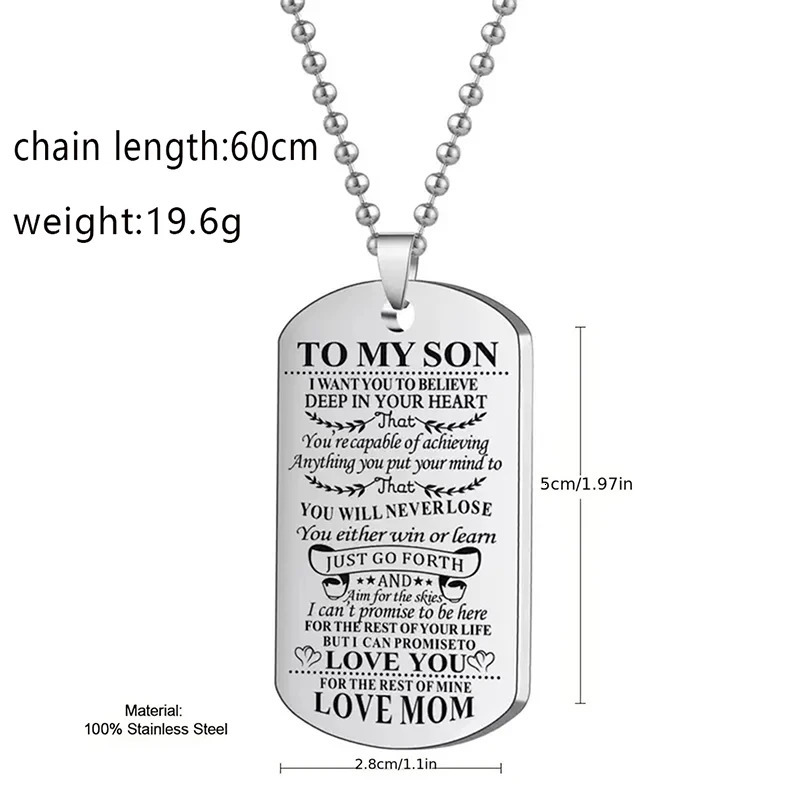 To My Son Inspirational Necklace Black Silver Color Stainless Steel Dog Tag Pendants Necklaces 250729