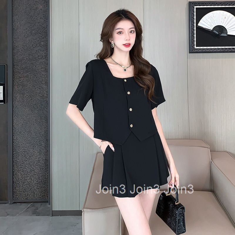 Summer New French Fashion Slimming Square Neck Short Sleeve Top + Shorts Skirt Two-Piece Set for Women