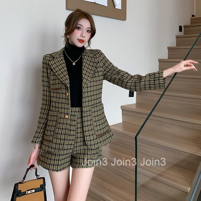 Winter Spring New French Style Elegant Plaid Long Sleeve Blazer Mid-Length Shorts Set for Women