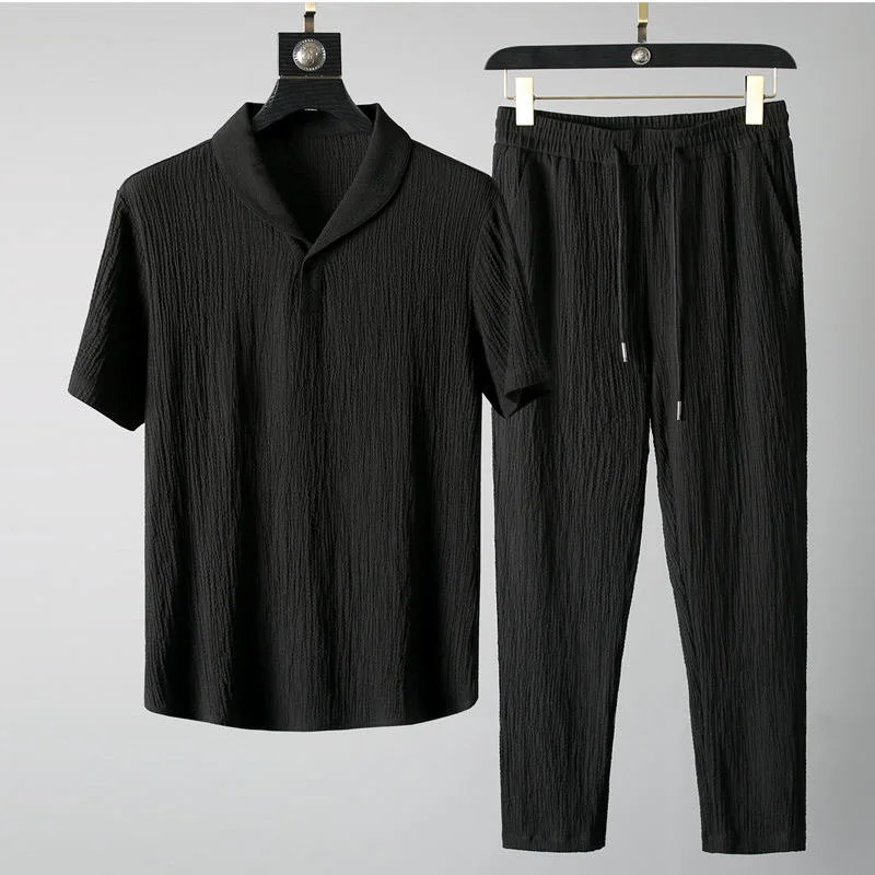 Summer 2024 Casual Suit Vneck Short Sleeve And Drawstring Pants Light Texture For A Cool Summer Solid Color Vneck Suit 250724