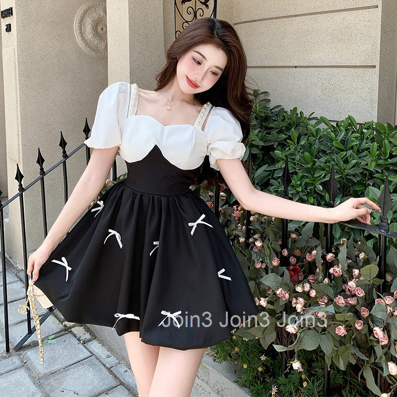 Summer New Womens French Beaded Black and White Fashion Slim Bow Tie High Waist Short Sleeve Dress Short Skirt