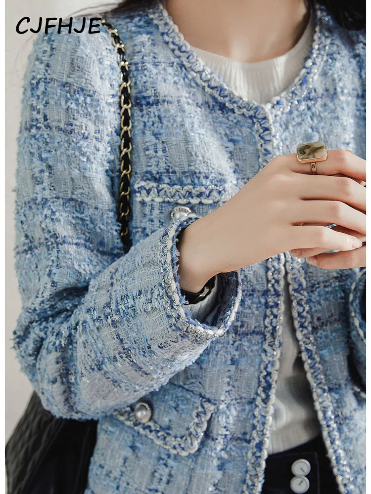 7777777777777777 Long Sleeve Fashion Tweed Jackets Women Spring Autumn Classic Coats Female Plaid Blue Loose ONeck Elegant Lady Jackets 250729