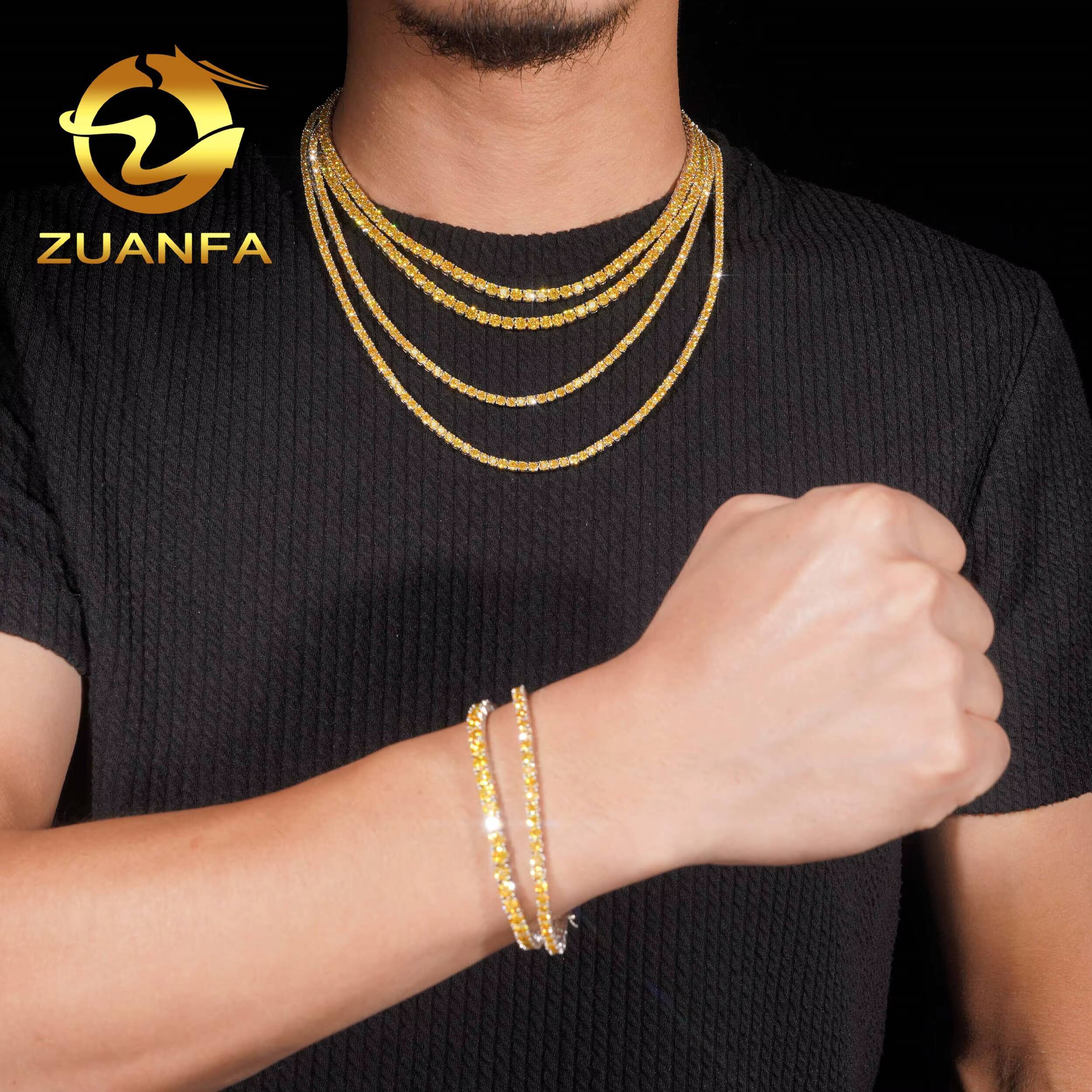 High Quality Fine 925 Sterling Silver Hip Hop Gold Color 3mm 4mm Moissanite Diamond Tennis Chains