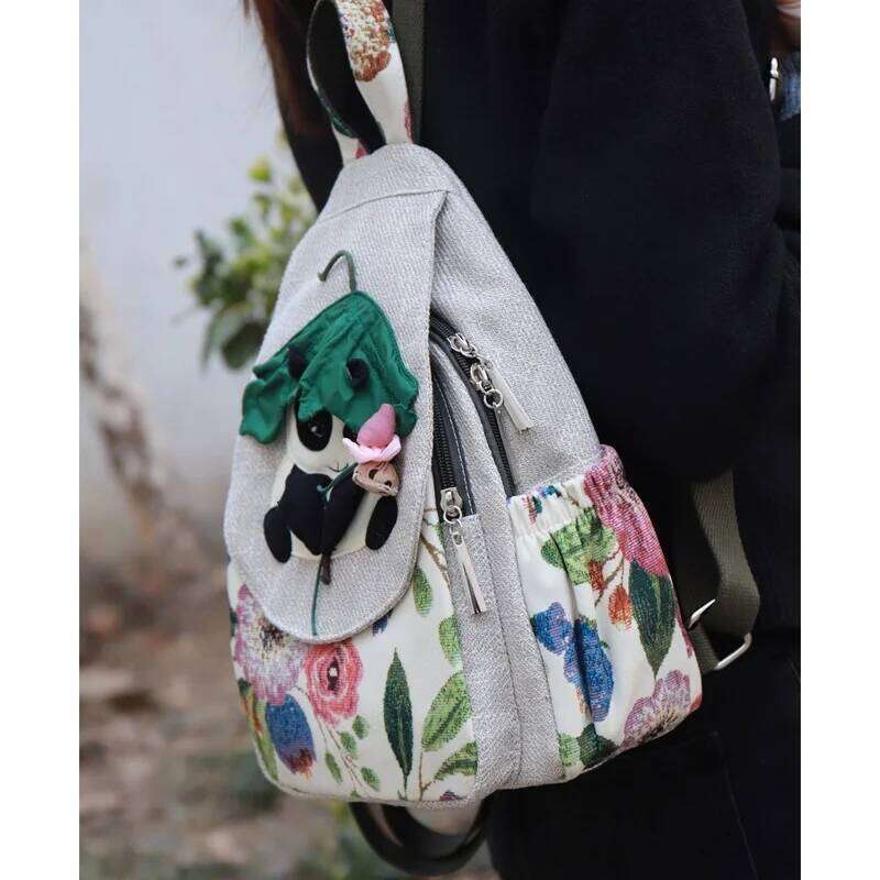 Fashion 3D National Embroidery Women High Quality Linen Female Daypack Pretty Style Cartoon Panda Design Girls Backpack