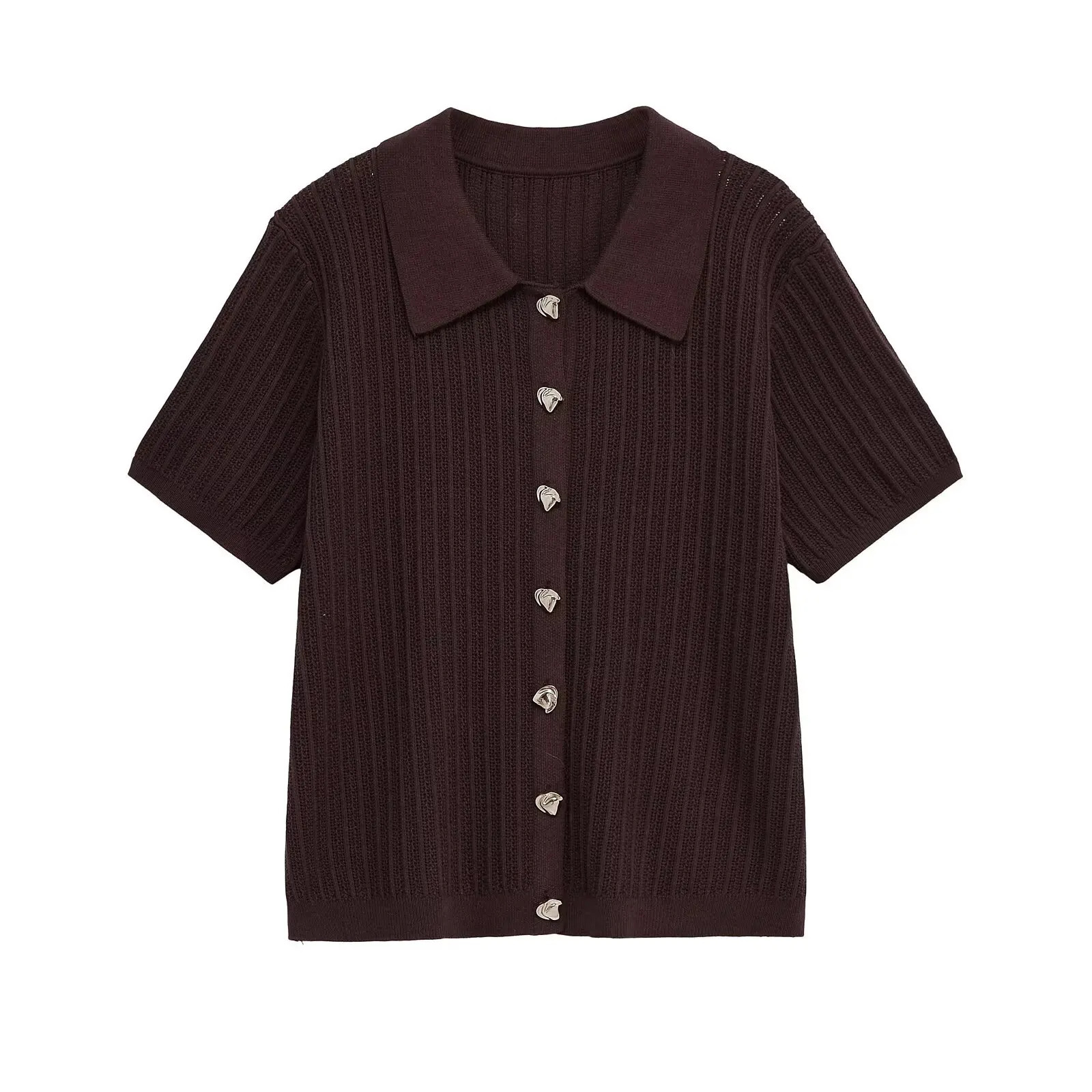 Summer Womens Casual Simple Lapel Shortsleeved Hollow Knitted Top With Straight Trousers Suit 250729