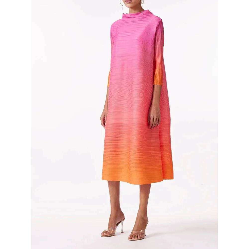 Miyake Elegant Gradient Pleated Dress Turtleneck Full Sleeves Pink Orange Fashion Mid-Calf Dresses For Women New