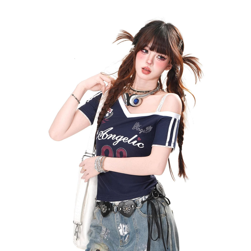 2025 American style short sleeved lace women's T-shirt summer new slim fit off shoulder sexy girl's short top fashion new designer T-shirt