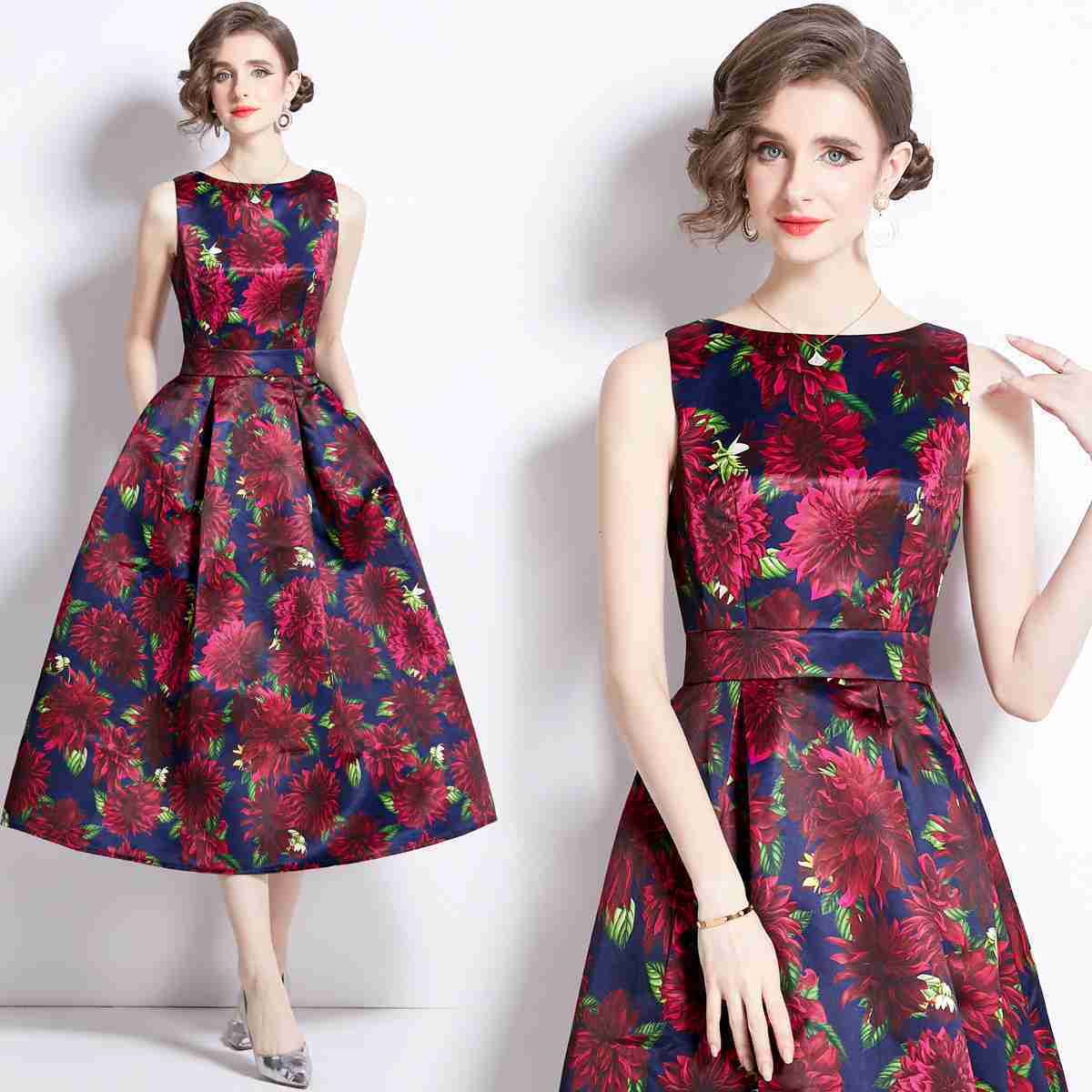 859 Summer New Womens Floral Sleeveless High Waist Long Dress Slim Waist A-line Dress