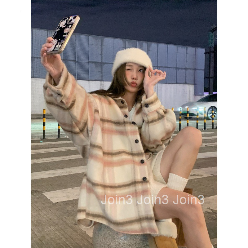 Autumn Winter Korean Style Color-Block Plaid Loose Lazy Warm Wool Coat Mid-Length Womens Woolen Overcoat