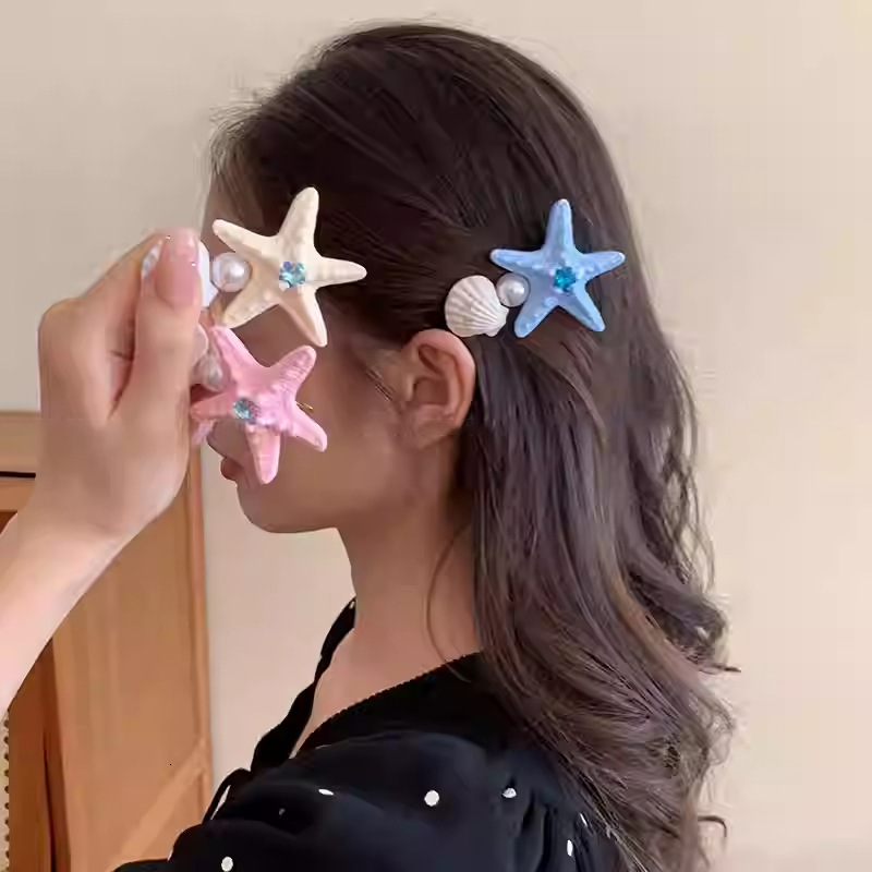 Inlaid Dia Star Pearl Shell Starfish Beach Vacation Style Duckbill Bangs Side Clip Hair Accessory for Women